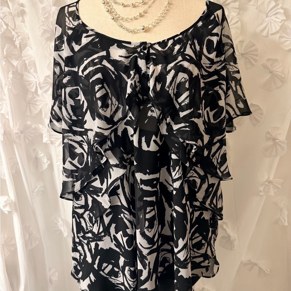 Calvin Klein Black Blouse Size 1X - Layered Chiffon Ruffle Blouse Top‎
